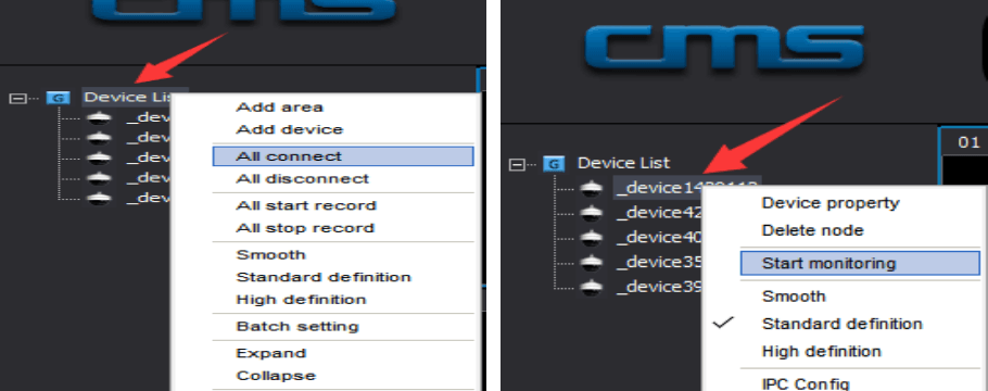 منوهای راست‌کلیک Device List در CMS: یکی با نمایش All connect، دیگری با نمایش Start monitoring برای دستگاه انتخاب‌شده