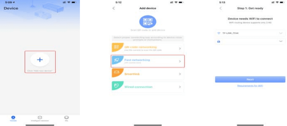 تصاویر اپلیکیشن: زبانه‌ی Device با Add new device، Add device با برجسته‌سازی Fast networking، و مرحله ۱ آماده‌سازی با انتخاب وای‌فای