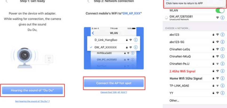 تصاویر اپلیکیشن: شنیدن صدای دودو، انتخاب WLAN در Connect the AP hotspot، و ظاهر شدن شبکه‌ی GW_AP در فهرست WLAN گوشی