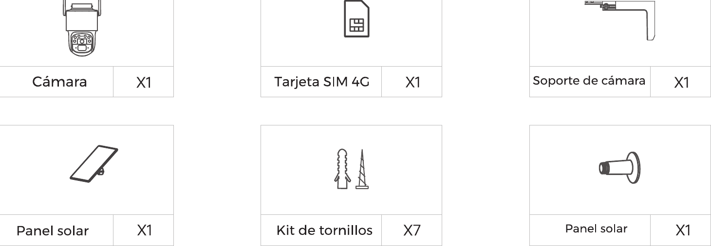 Conținutul cutiei: Cameră x1, Cartelă SIM 4G x1, Suport pentru cameră x1, Panou solar x1, Set de șuruburi x7, Panou solar x1