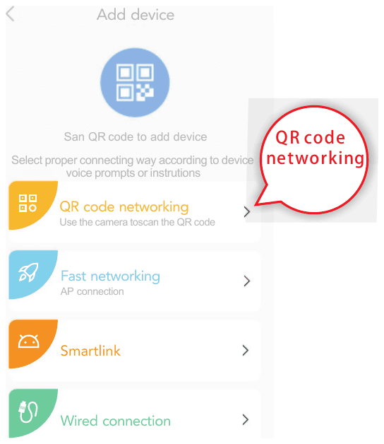 QR 코드 네트워킹, Fast networking, Smartlink, 유선 연결 옵션이 있는 기기 추가 화면
