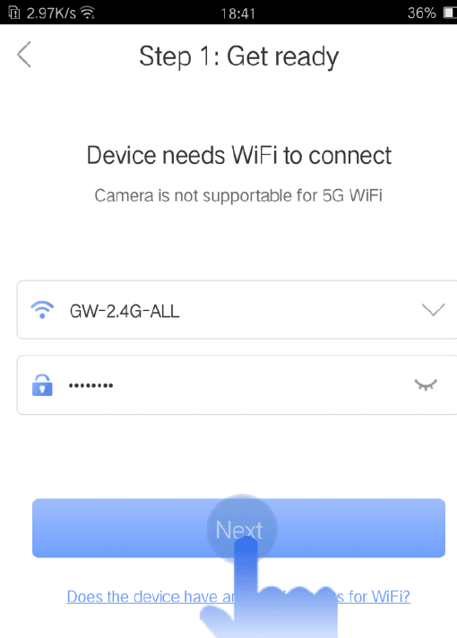 Stap 1: Voorbereiden - Het apparaat heeft wifi nodig om verbinding te maken, met velden voor wifi-naam en wachtwoord en een knop Volgende (Android)