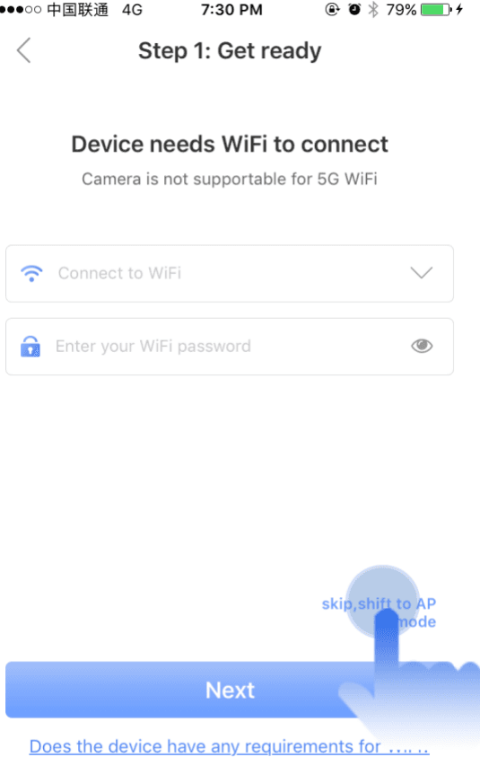 Stap 1: Voorbereiden - Het apparaat heeft wifi nodig om verbinding te maken, met een koppeling 'overslaan, overschakelen naar AP-modus' boven de knop Volgende