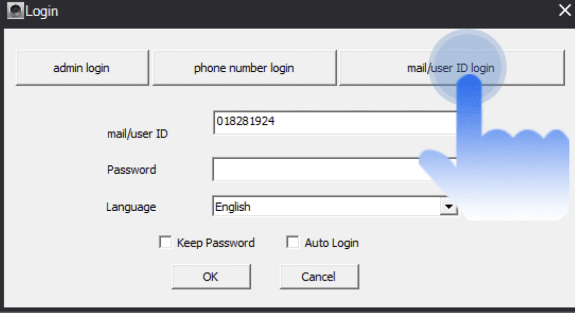 Dialoogvenster CMS-aanmelding met tabbladen voor beheerdersaanmelding, aanmelding met telefoonnummer en aanmelding met e-mail/gebruikers-ID, velden voor e-mail/gebruikers-ID en wachtwoord, een taalkiezer en de opties Wachtwoord onthouden en Automatisch aanmelden