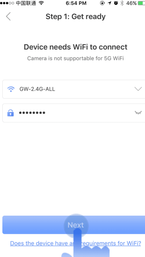 Stap 1: Voorbereiden - Het apparaat heeft wifi nodig om verbinding te maken, met velden voor wifi-naam en wachtwoord en een knop Volgende