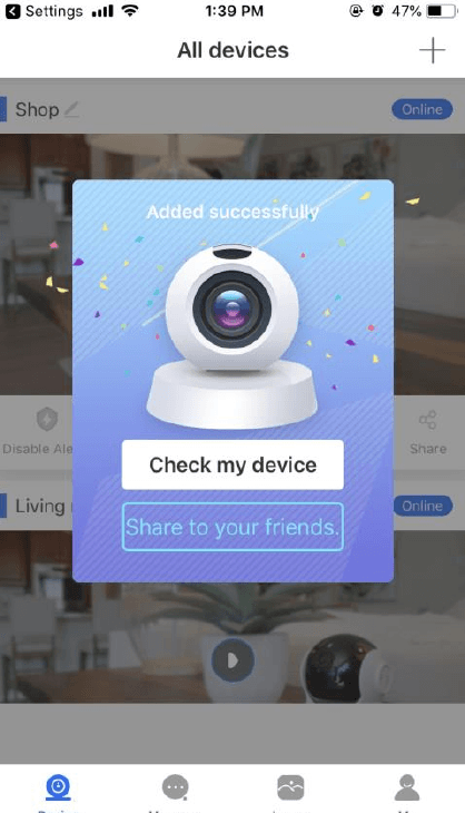 Lijst met alle apparaten met een pop-up Succesvol toegevoegd en de knoppen Mijn apparaat bekijken en Delen met je vrienden