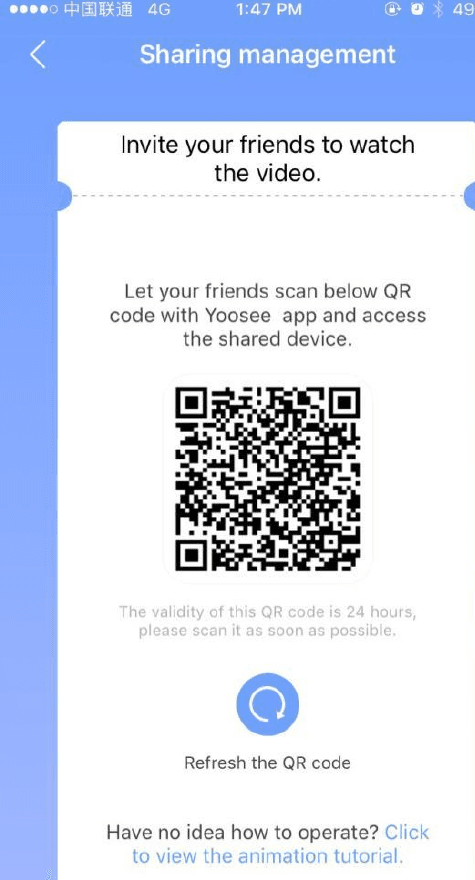 Beheer delen - QR-code die vrienden met Yoosee kunnen scannen om toegang te krijgen tot het gedeelde apparaat, 24 uur geldig