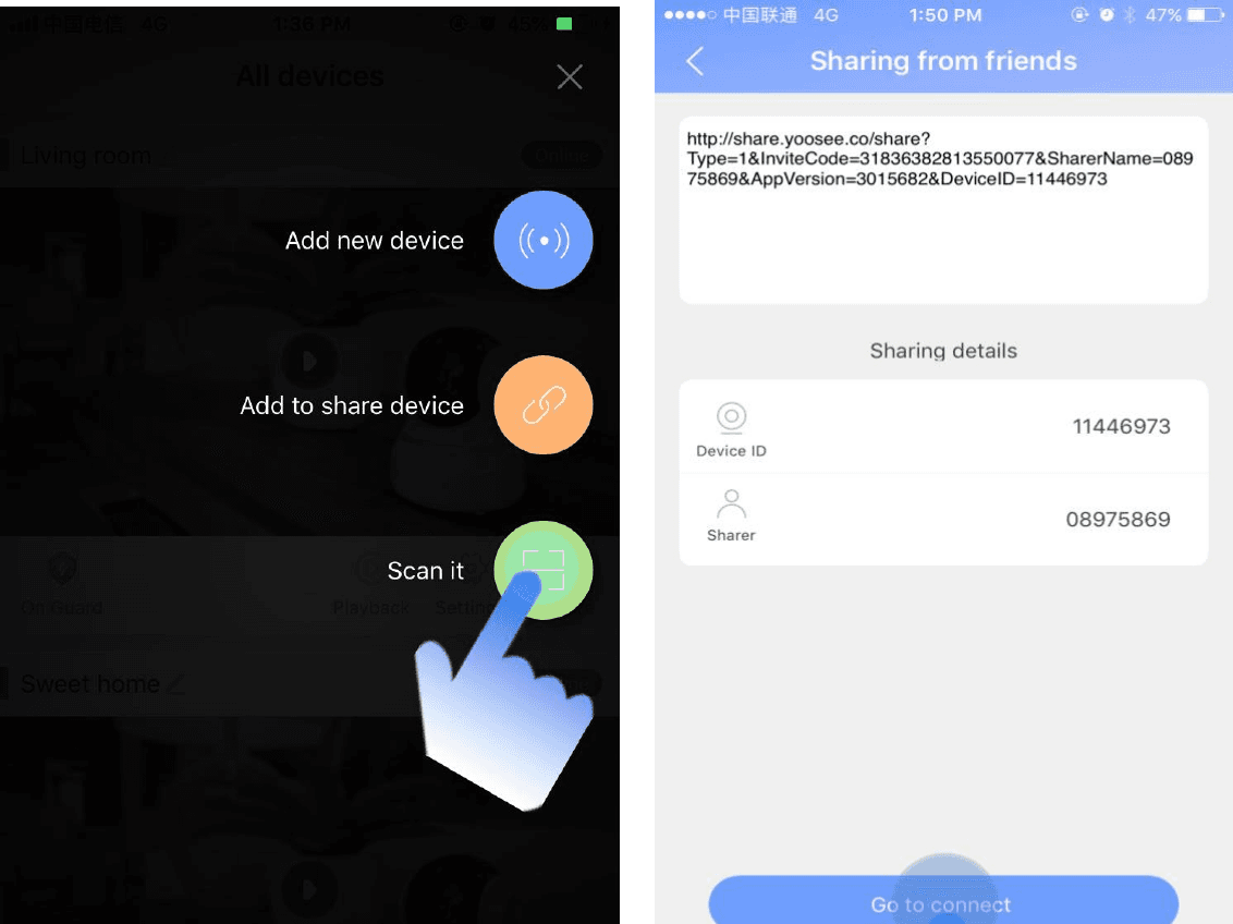 Overloopmenu van de apparatenlijst met Nieuw apparaat toevoegen, Gedeeld apparaat toevoegen en Scannen; en de detailweergave Delen van vrienden met apparaat-ID 11446973, deler 08975869 en een knop Ga naar verbinden