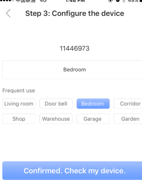 Stap 3: Het apparaat configureren voor het gedeelde apparaat 11446973 met veelgebruikte labels en een knop Bevestigd. Mijn apparaat bekijken